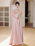 Elegant A Line Spaghetti Straps Blush Pink Satin Long Bridesmaid Dress HZ1024