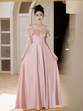 Elegant A Line Spaghetti Straps Blush Pink Satin Long Bridesmaid Dress HZ1024