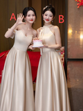Champagne Classy A Line Satin Long Bridesmaid Dress HZ1024
