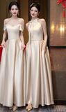 Champagne Classy A Line Satin Long Bridesmaid Dress HZ1024