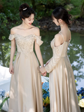 Classy A Line Off The Shoulder Satin Long Bridesmaid Dress HZ1024