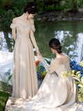 Classy A Line Off The Shoulder Satin Long Bridesmaid Dress HZ1024