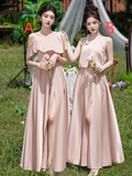 Classy Pink A Line Satin Long Bridesmaid Dress HZ1024