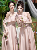 Classy Pink A Line Satin Long Bridesmaid Dress HZ1024