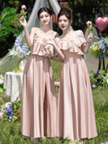 Classy Pink A Line Satin Long Bridesmaid Dress HZ1024
