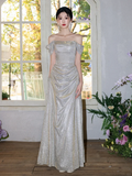Elegant A Line Off The Shoulder Satin Sequin Long Bridesmaid Dress HZ1024