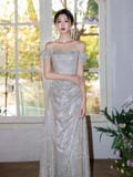 Elegant A Line Off The Shoulder Satin Sequin Long Bridesmaid Dress HZ1024