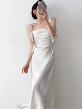 Elegant Mermaid Square White Satin Long Bridesmaid Dress HZ1024
