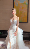 Dreamy Mermaid Strapless White Lace Tulle Long Wedding Dresses HZ1024