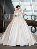 Pretty Ball Gown Off The Shoulder Satin Applique Long Wedding Dresses HZ1024