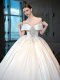 Pretty Ball Gown Off The Shoulder Satin Applique Long Wedding Dresses HZ1024