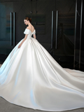 Pretty Ball Gown Off The Shoulder Satin Applique Long Wedding Dresses HZ1024