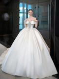 Pretty Ball Gown Off The Shoulder Satin Applique Long Wedding Dresses HZ1024