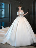 Pretty Ball Gown Off The Shoulder Satin Applique Long Wedding Dresses HZ1024