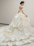 Elegant Ball Gown Off The Shoulder Satin Flowers Long Wedding Dresses HZ1024