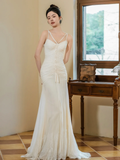 Dreamy Mermaid Spaghetti Straps Chiffon Lace Beaded Long Wedding Dresses HZ1024