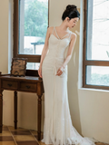 Dreamy Mermaid Spaghetti Straps Chiffon Lace Beaded Long Wedding Dresses HZ1024