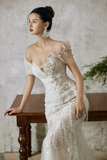 Timeless Mermaid Off The Shoulder Tulle Lace Applique Long Wedding Dresses HZ1024