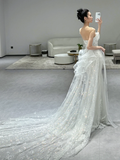 Dreamy Mermaid Strapless Tulle Sequin Applique Long Wedding Dresses HZ1024