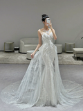 Dreamy Mermaid Strapless Tulle Sequin Applique Long Wedding Dresses HZ1024