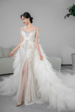 Unique Mermaid Spaghetti Straps Tulle Beaded Long Wedding Dresses HZ1024