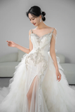 Unique Mermaid Spaghetti Straps Tulle Beaded Long Wedding Dresses HZ1024