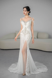 Unique Mermaid Spaghetti Straps Tulle Beaded Long Wedding Dresses HZ1024