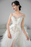 Unique Mermaid Spaghetti Straps Tulle Beaded Long Wedding Dresses HZ1024