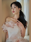 Elegant Ball Gown Strapless Satin Tulle Long Wedding Dresses HZ1024
