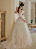 Elegant Ball Gown Strapless Satin Tulle Long Wedding Dresses HZ1024