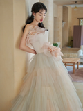 Elegant Ball Gown Strapless Satin Tulle Long Wedding Dresses HZ1024