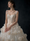 Princess Ball Gown Spaghetti Straps Champagne Tulle Sequin Long Wedding Dresses HZ1024
