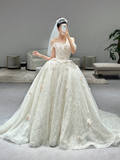 Dreamy Ball Gown Off The Shoulder Tulle Lace Applique With Veil Long Wedding Dresses HZ1024