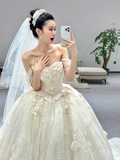 Dreamy Ball Gown Off The Shoulder Tulle Lace Applique With Veil Long Wedding Dresses HZ1024