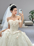 Dreamy Ball Gown Off The Shoulder Tulle Lace Applique With Veil Long Wedding Dresses HZ1024