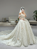 Dreamy Ball Gown Off The Shoulder Tulle Lace Applique With Veil Long Wedding Dresses HZ1024
