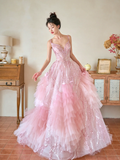 Pretty Summer Ball Gown Spaghetti Straps Pink Tulle Sequin Long Prom Dresses HZ1024