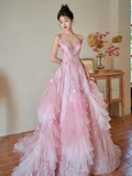 Pretty Summer Ball Gown Spaghetti Straps Pink Tulle Sequin Long Prom Dresses HZ1024