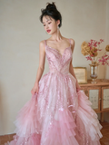 Pretty Summer Ball Gown Spaghetti Straps Pink Tulle Sequin Long Prom Dresses HZ1024