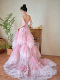 Pretty Summer Ball Gown Spaghetti Straps Pink Tulle Sequin Long Prom Dresses HZ1024
