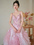 Pretty Summer Ball Gown Spaghetti Straps Pink Tulle Sequin Long Prom Dresses HZ1024
