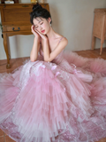 Pretty Summer Ball Gown Spaghetti Straps Pink Tulle Sequin Long Prom Dresses HZ1024