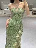Green Elegant Mermaid Halter Satin Sequin Slit Long Prom Dresses HZ1024