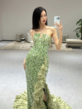 Green Elegant Mermaid Halter Satin Sequin Slit Long Prom Dresses HZ1024