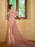 Unique Elegant Mermaid Off The Shoulder Pink Tulle Sequin Long Prom Dresses HZ1024