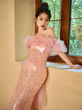 Unique Elegant Mermaid Off The Shoulder Pink Tulle Sequin Long Prom Dresses HZ1024