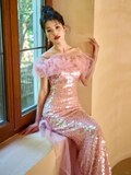 Unique Elegant Mermaid Off The Shoulder Pink Tulle Sequin Long Prom Dresses HZ1024