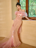 Unique Elegant Mermaid Off The Shoulder Pink Tulle Sequin Long Prom Dresses HZ1024