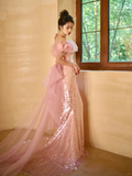 Unique Elegant Mermaid Off The Shoulder Pink Tulle Sequin Long Prom Dresses HZ1024