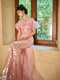 Unique Elegant Mermaid Off The Shoulder Pink Tulle Sequin Long Prom Dresses HZ1024